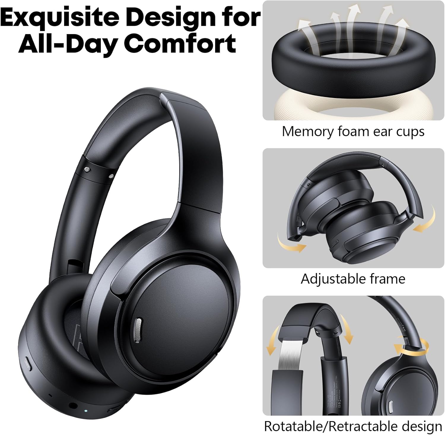 Hybrid Active Noise Cancelling Headphones 120H Playtime Wireless Headphones Bluetooth 6.0 Over Ear Headphones with 6 ENC HD Call Mic, Hi-Res 360° Spatial Audio ANC Headphone for Travel Workout Black - Image 6