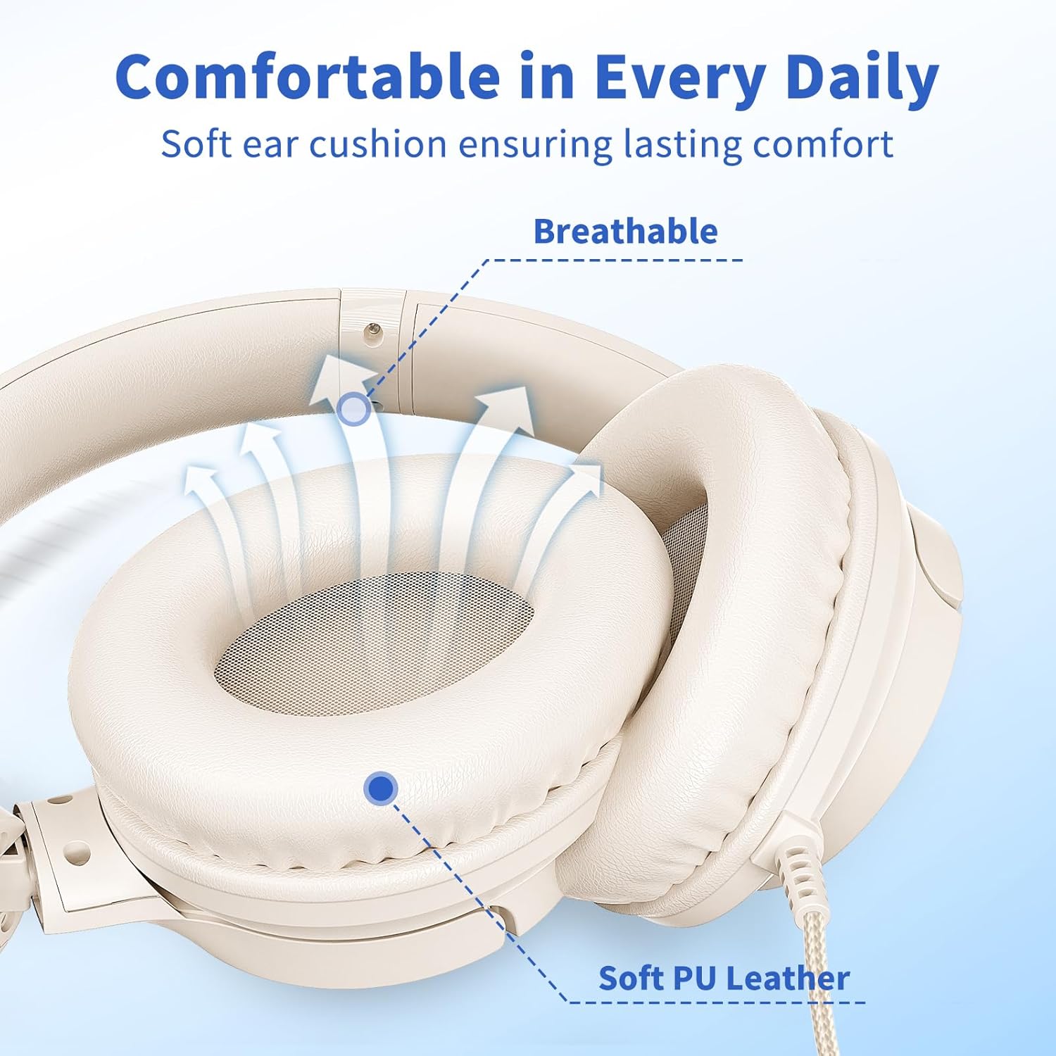 Botesty Sound Headphones Wired with Microphone, Over Ear Foldable 3.5mm Plug in Headphones Corded with 4.9ft Tangle-Free Nylon Cord for Tablet, Laptop, MP3/4, School, Airplane Travel (Beige) - Image 4