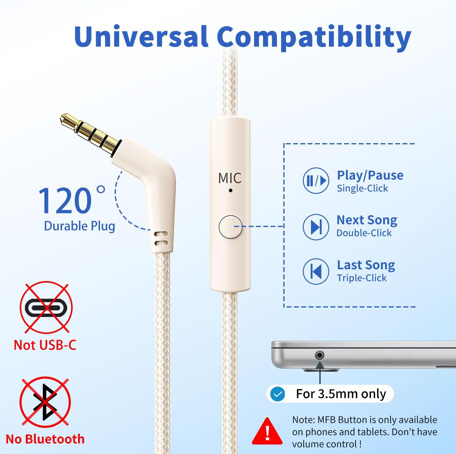 Botesty Sound Headphones Wired with Microphone, Over Ear Foldable 3.5mm Plug in Headphones Corded with 4.9ft Tangle-Free Nylon Cord for Tablet, Laptop, MP3/4, School, Airplane Travel (Beige) - Image 5