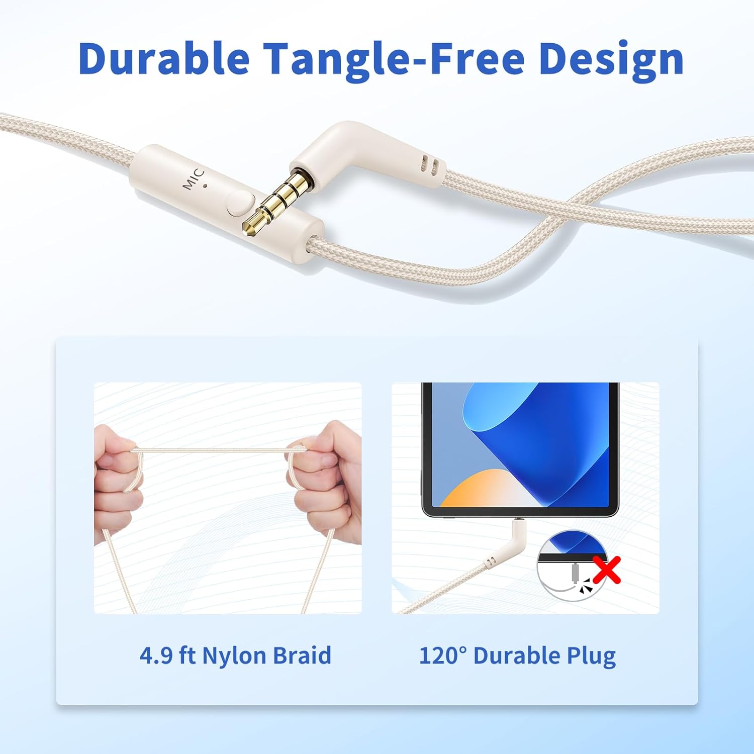 Botesty Sound Headphones Wired with Microphone, Over Ear Foldable 3.5mm Plug in Headphones Corded with 4.9ft Tangle-Free Nylon Cord for Tablet, Laptop, MP3/4, School, Airplane Travel (Beige) - Image 6
