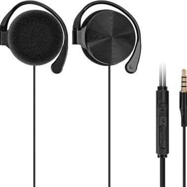 GEEKRIA Wired Clip On Ear Headphones, Portable Hook On Ear Headphones with Microphone and Call Controller Compatible with Android, Avoid Headphone Hair (Black)